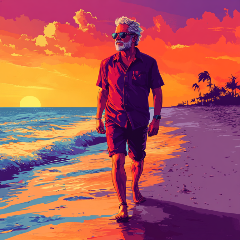 a carefree man in his late 50s wearing sunglasses and casual attire walking on a beach at sunset, colorful illustration